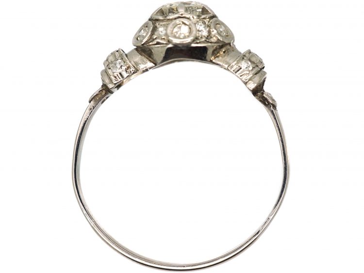 18ct White Gold Diamond Cluster Ring with Diamond Set Bands on the Shoulders
