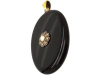 Victorian 15ct Gold Locket with Onyx, Rose Diamond & Pearl Flower Detail
