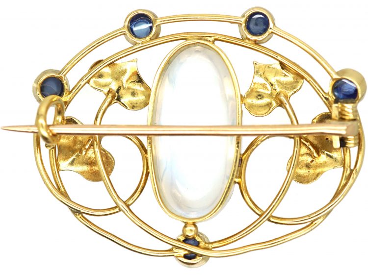 Art Nouveau 15ct Gold Brooch set with Cabochon Sapphires & Moonstone