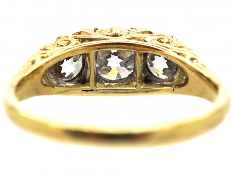 Victorian 18ct Gold, Three Stone Diamond Carved Half Hoop Ring