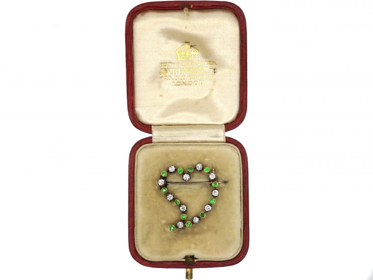 Edwardian 15ct Gold, Green Garnet & Diamond Witches Heart Brooch in Original Case