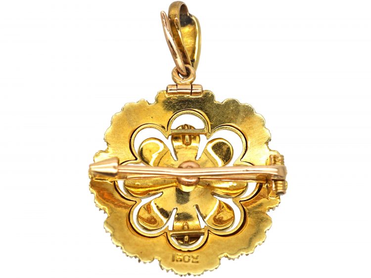 Victorian 15ct Gold, Natural Split Pearl and Green Enamel Pendant