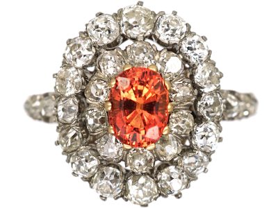Edwardian 18ct Gold, Orange Sapphire and Diamond Cluster Ring with Diamond Set Shoulders