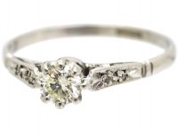 Art Deco Platinum, Diamond Solitaire Ring with Diamond Set Shoulders