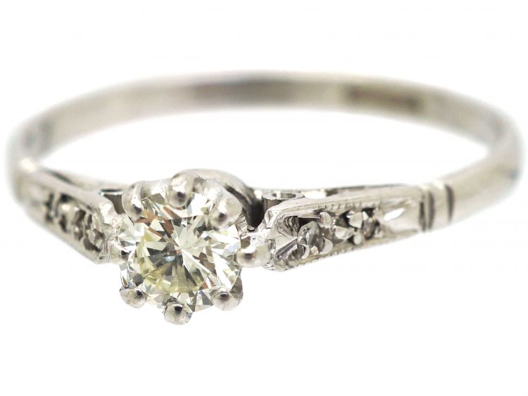 Art Deco Platinum, Diamond Solitaire Ring with Diamond Set Shoulders