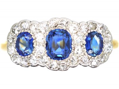 Edwardian 18ct Gold & Platinum, Triple Cluster Ring set with Sapphires & Diamonds