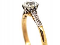 Art Deco 18ct Gold & Platinum, Diamond Solitaire Ring with Diamond Set Shoulders