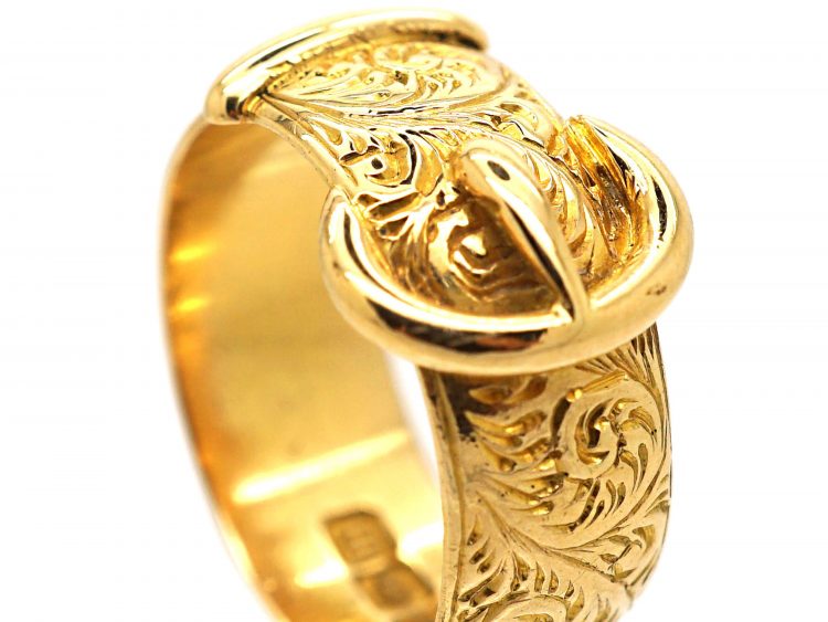 Edwardian 18ct Gold Buckle Ring with Fine Engraving Throughout