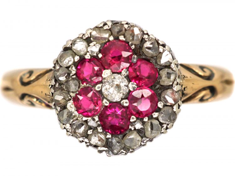 Edwardian 18ct Gold, Ruby and Diamond Cluster Ring