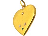 Edwardian 18ct Gold Heart Shaped Locket with Green Garnet & Pearl Detail