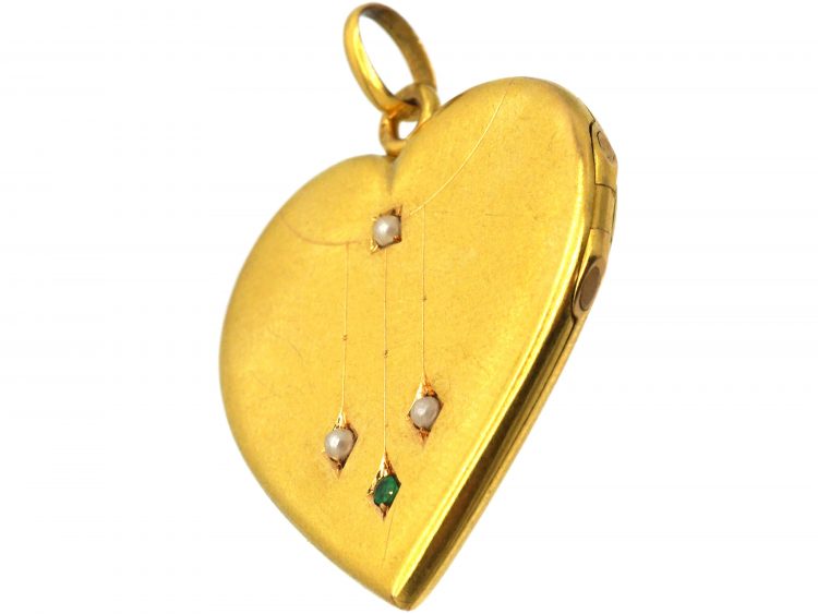 Edwardian 18ct Gold Heart Shaped Locket with Green Garnet & Pearl Detail