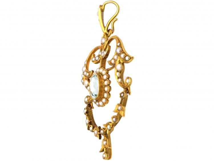 Edwardian 9ct Gold, Aquamarine & Natural Split Pearls Pendant