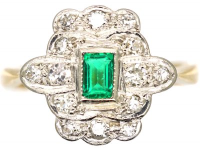 Art Deco 18ct Gold & Platinum, Emerald & Diamond Rectangular Shaped Ring