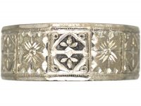 18ct White Gold Wide Wedding Ring with Flower & Diamond Motifs