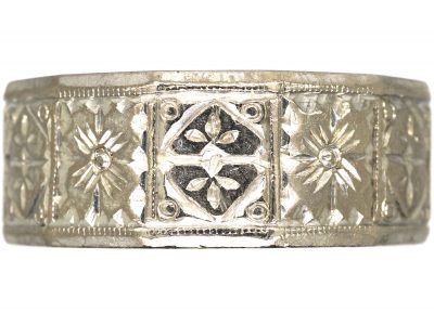 18ct White Gold Wide Wedding Ring with Flower & Diamond Motifs