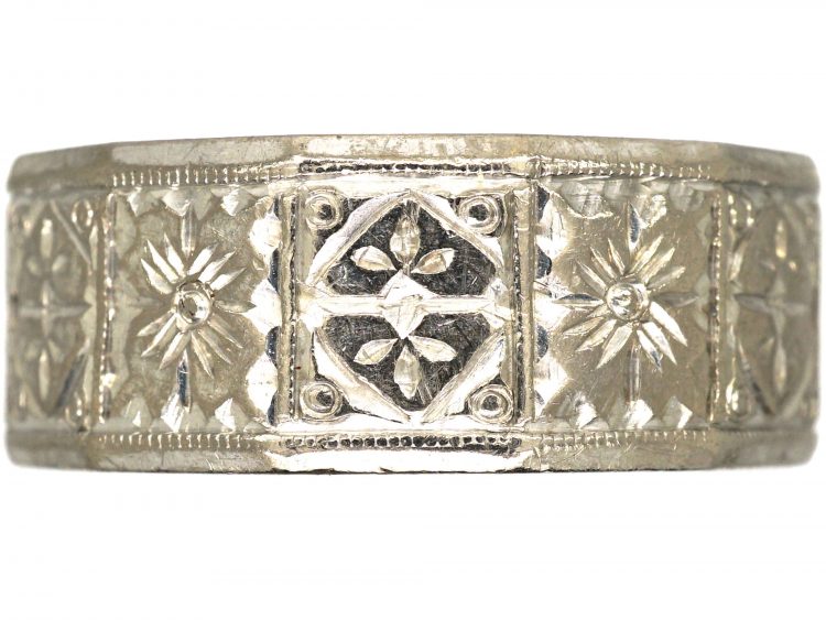 18ct White Gold Wide Wedding Ring with Flower & Diamond Motifs