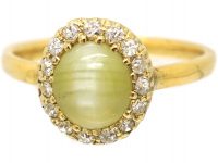 Edwardian 18ct Gold Cats-Eye Chrysoberyl & Diamond Cluster Ring
