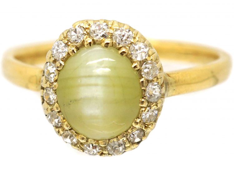Edwardian 18ct Gold Cats-Eye Chrysoberyl & Diamond Cluster Ring