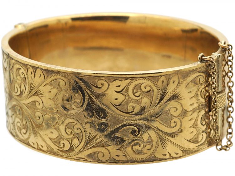 9ct Gold Wide Engraved Bangle
