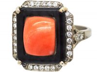 Art Deco 18ct White Gold Coral, Onyx and Diamond Ring