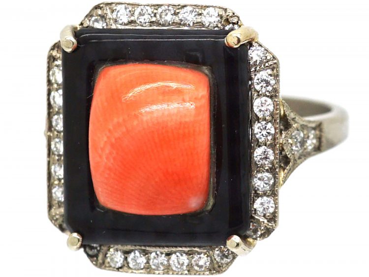 Art Deco 18ct White Gold Coral, Onyx and Diamond Ring