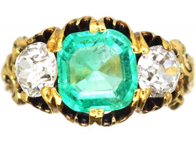 Victorian 18ct Gold, Emerald and Diamond Three Stone Ring