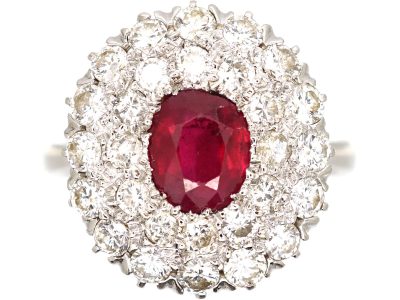 Retro 18ct White Gold, Ruby and Diamond Double Row Cluster Ring