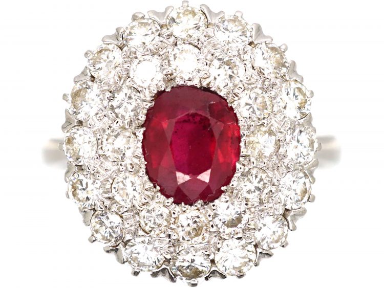 Retro 18ct White Gold, Ruby and Diamond Double Row Cluster Ring