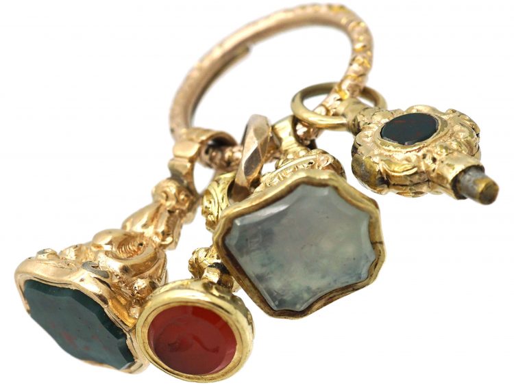 Georgian Group of Three Gold Cased Seals & a Watch Key on a Gold Split Ring