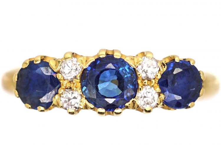 Victorian 18ct Gold Sapphire & Diamond Three Stone Ring