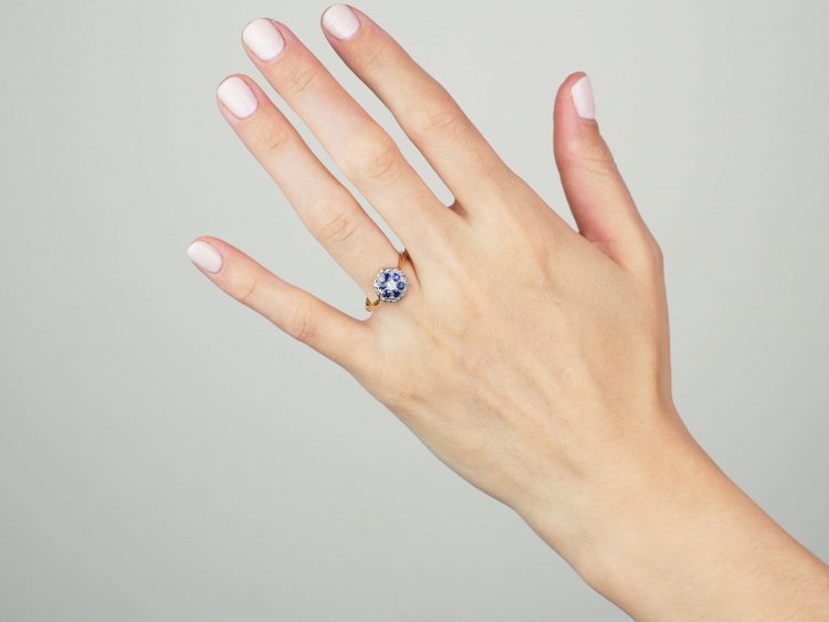 Edwardian 18ct Gold & Platinum, Sapphire & Diamond Hexagonal Cluster Ring