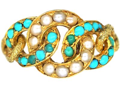 Regency 15ct Gold, Natural Split Pearl & Turquoise Circles Ring