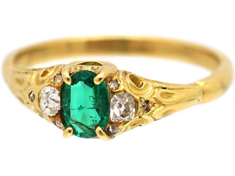 Victorian 18ct Gold, Emerald & Diamond Ring with Rose Diamond Detail