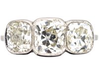 Art Deco Platinum, Large Three Stone Cushion Cut Diamond Ring