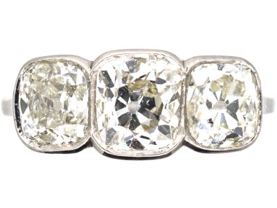Art Deco Platinum, Large Three Stone Cushion Cut Diamond Ring