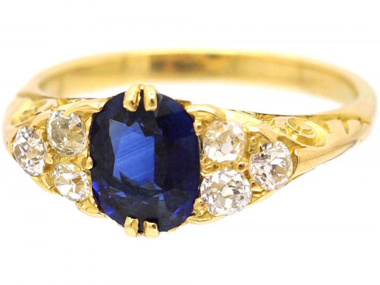 Edwardian 18ct Gold, Sapphire and Diamond Carved Half Hoop Ring