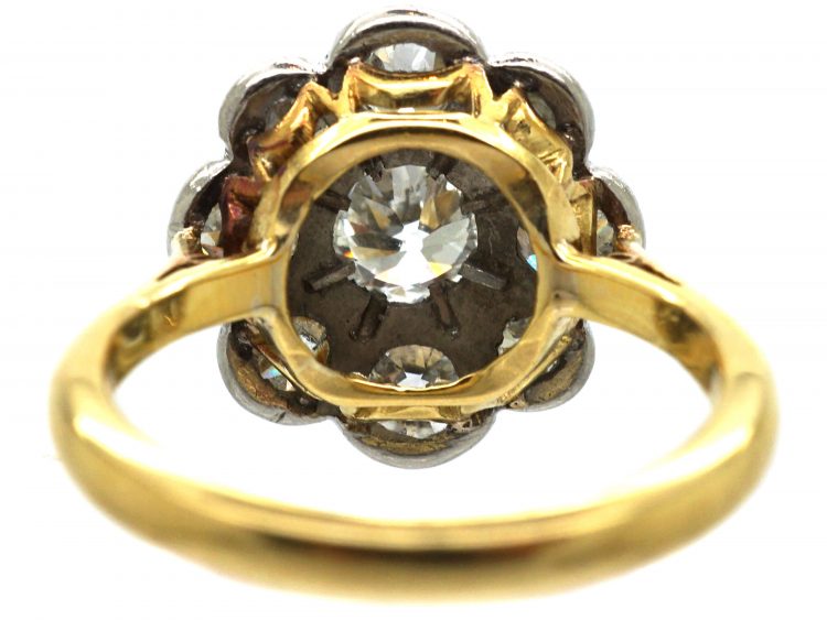Edwardian 18ct Gold Large Rub Over Set Diamond Daisy Cluster Ring