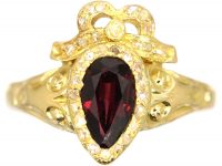 Victorian 18ct Gold, Almandine Garnet and Diamond Heart Shaped Ring in the Rococo Style