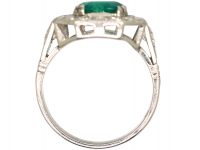 Art Deco 18ct White Gold, Columbian Emerald & Diamond Ring