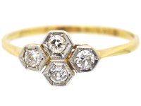 Art Deco 18ct Gold & Platinum, Four Stone Diamond Ring with Hexagonal Settings