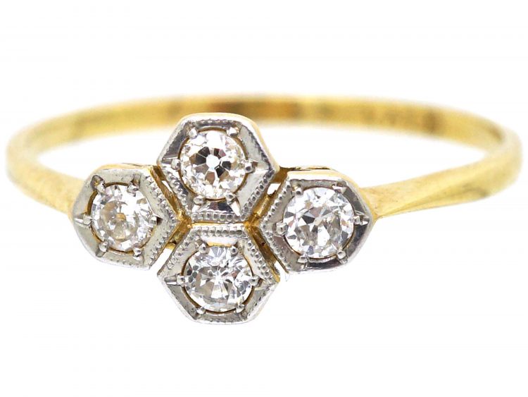 Art Deco 18ct Gold & Platinum, Four Stone Diamond Ring with Hexagonal Settings