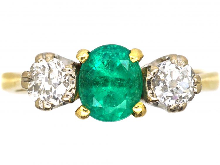18ct Gold, Emerald & Diamond Three Stone Ring