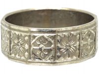 18ct White Gold Wide Wedding Ring with Flower & Diamond Motifs