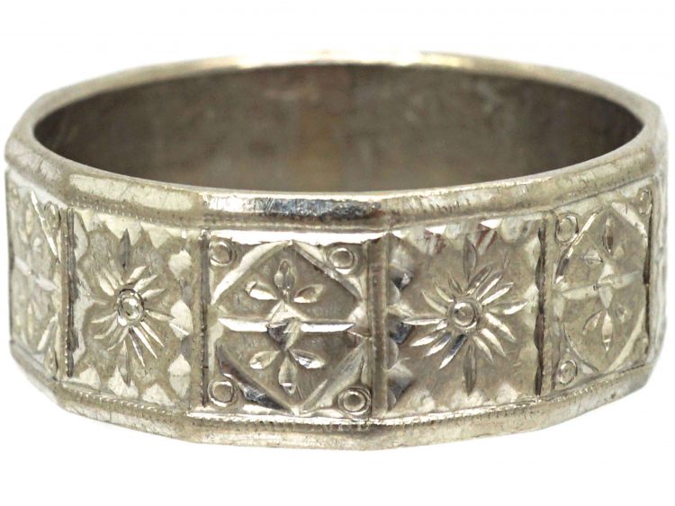 18ct White Gold Wide Wedding Ring with Flower & Diamond Motifs