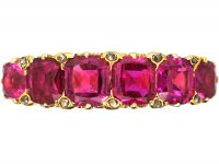 Victorian 18ct Gold, Burma Ruby Five Stone Carved Half Hoop Ring with Diamond Points
