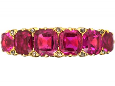 Victorian 18ct Gold, Burma Ruby Five Stone Carved Half Hoop Ring with Diamond Points