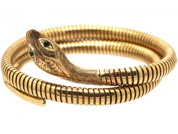 9ct Gold Snake Bangle with Emerald Eyes