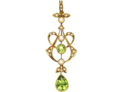 Art Nouveau 15ct Gold, Peridot & Natural Split Pearls Pendant