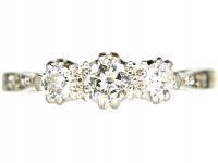 Art Deco 18ct Gold & Platinum, Three Stone Diamond Ring with Diamond Set Shoulders