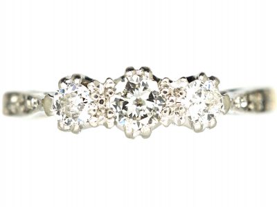 Art Deco 18ct Gold & Platinum, Three Stone Diamond Ring with Diamond Set Shoulders
